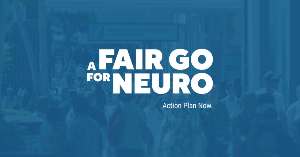 A Fair Go for Neuro: Action Plan Now, over a busy city street scene in brand blue